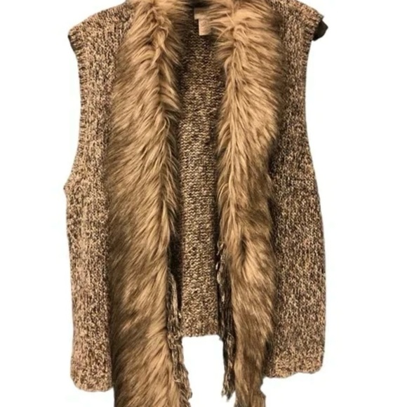 CHICOS Sweater Vest Faux Fur Fringe Collar Womens 2/L/12 Tan Brown Gray Cotton - Picture 2 of 9